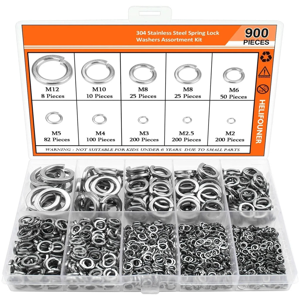 Open box showing assortment of 304 stainless steel spring lock washers with size markings from 2mm to 12mm.