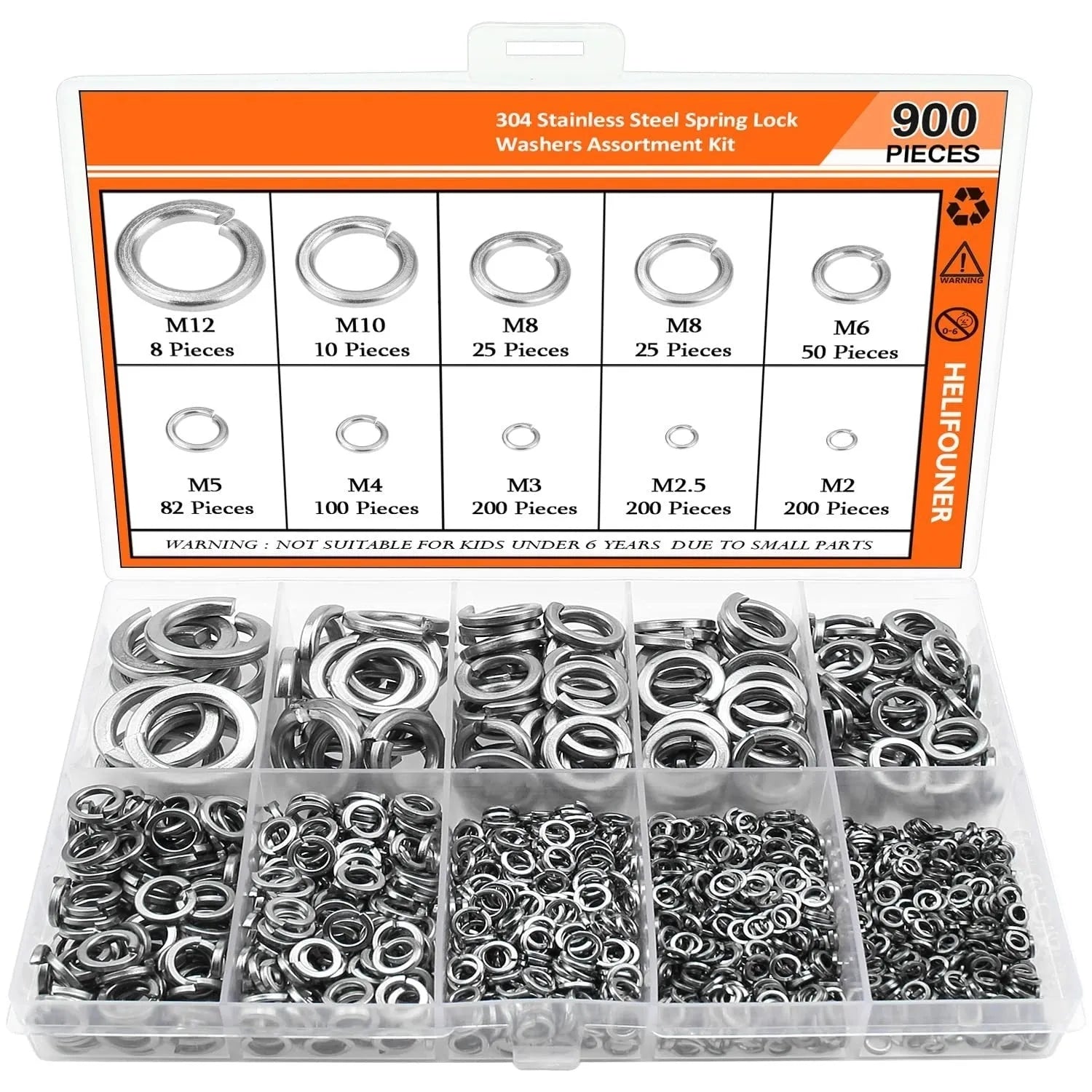 Open box showing assortment of 304 stainless steel spring lock washers with size markings from 2mm to 12mm.