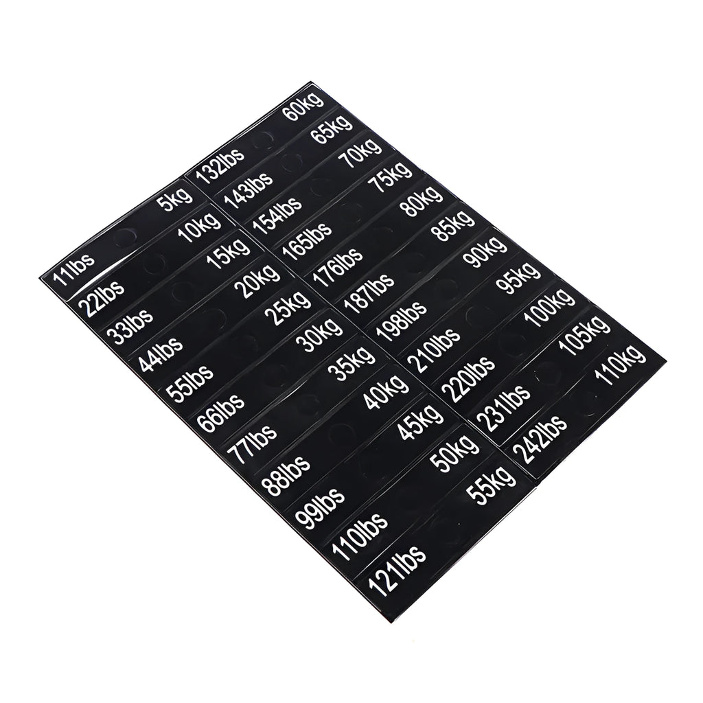 Gym equipment weight sticker labels for counterweight identification set 5-100kg 90mm length 20mm height Aspic colour
