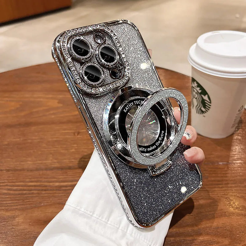 Silicone gradient colour magnetic suction phone case with electroplated edge drill design and kickstand bracket for iPhone
