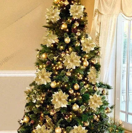 14cm gold powder double-layer artificial Christmas flower on a white background