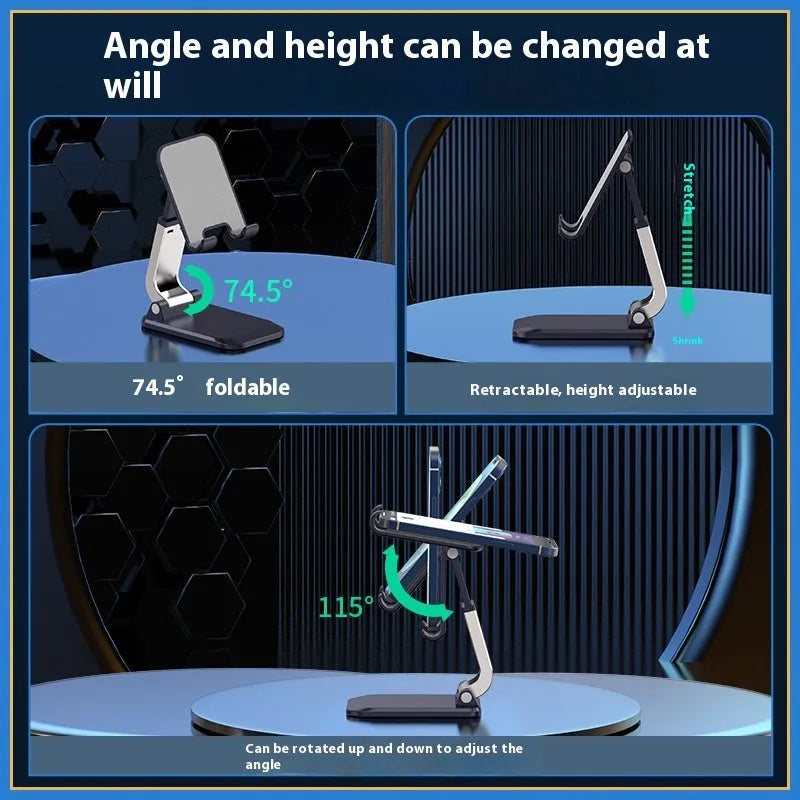 Folding portable desktop mobile phone stand in black, white, blue, or pink on a wooden desk.