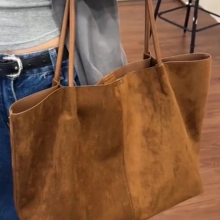 Coffee colour large capacity PU tote bag with double joint shoulder straps and three-dimensional outer pocket for autumn winter commuting