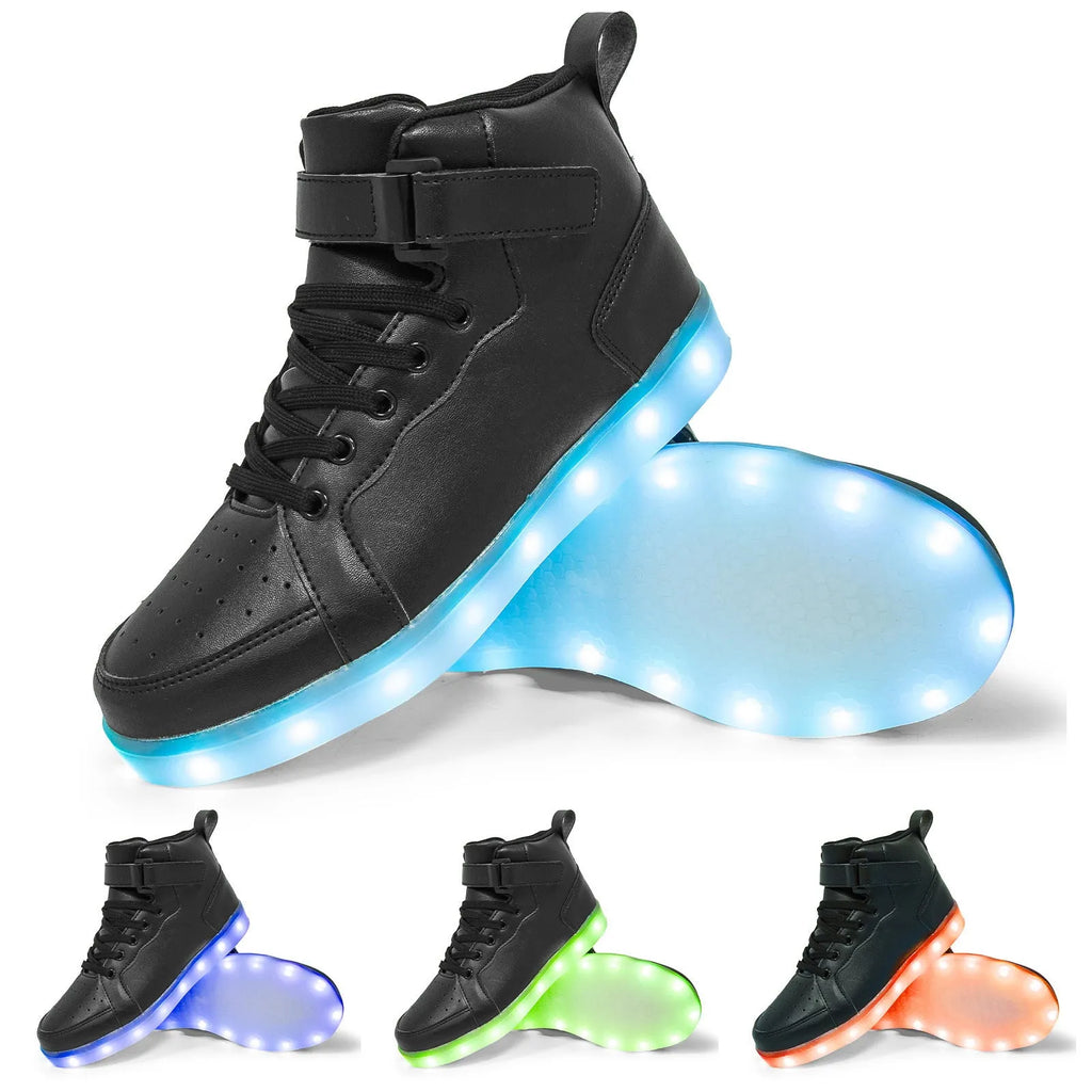 LED light-up high-top board shoes in black with velcro strap and rubber sole.