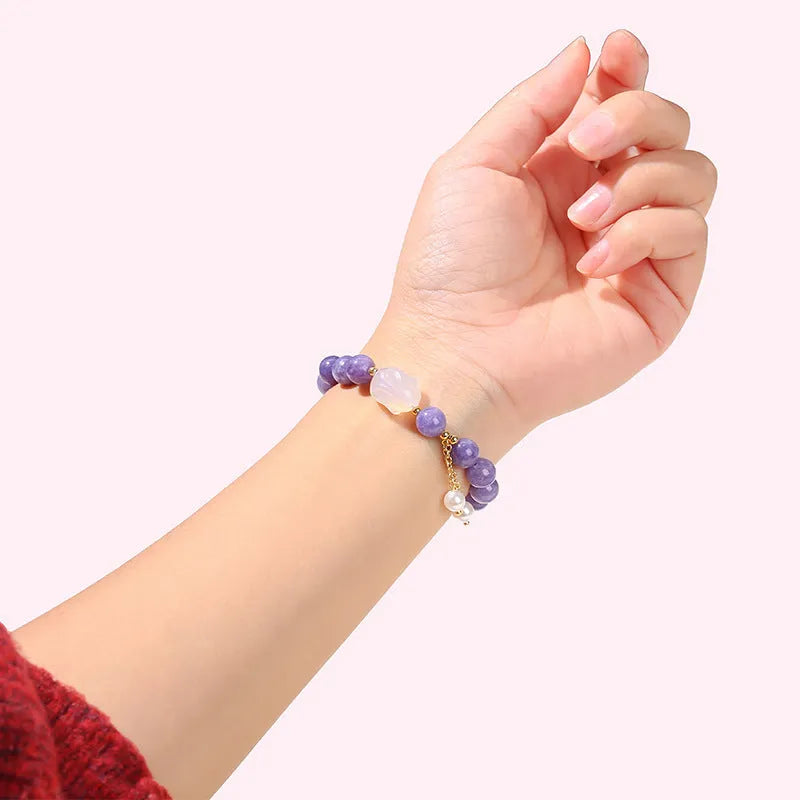 Purple aquamarine chalcedony lychee jelly agate rabbit bracelet with geometric round beads