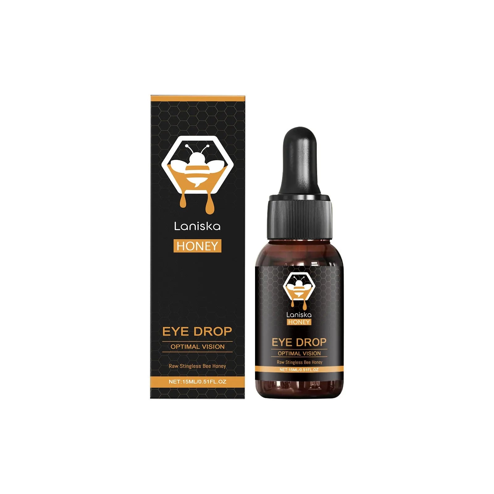 15ml bottle of honey eye drops for dry eye relief on a plain background.