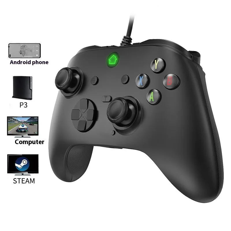 Wired game console controller handle in black with ABS construction and USB cable for PC and PS