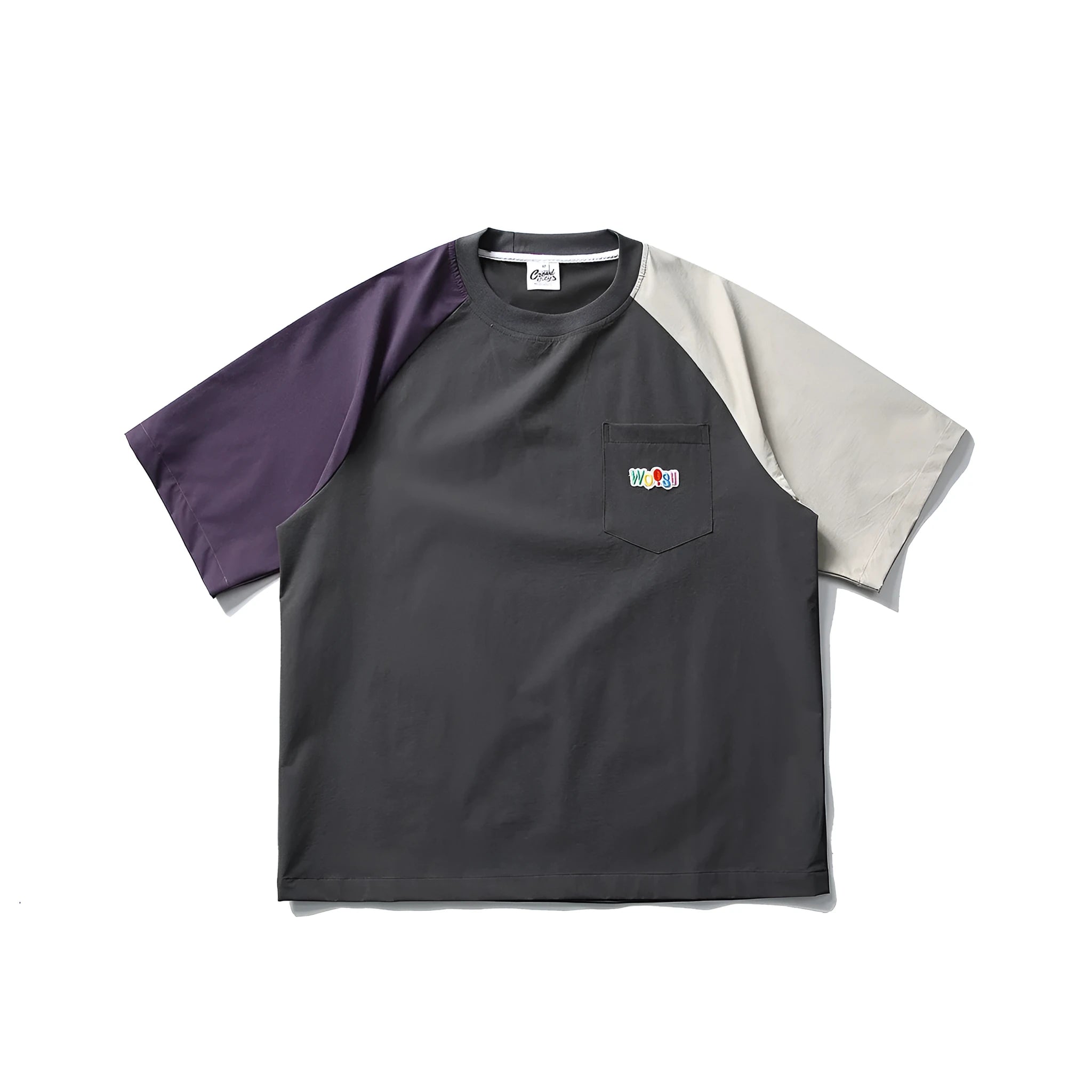 Dark grey loose fit T-shirt with contrast colour raglan sleeves on a hanger