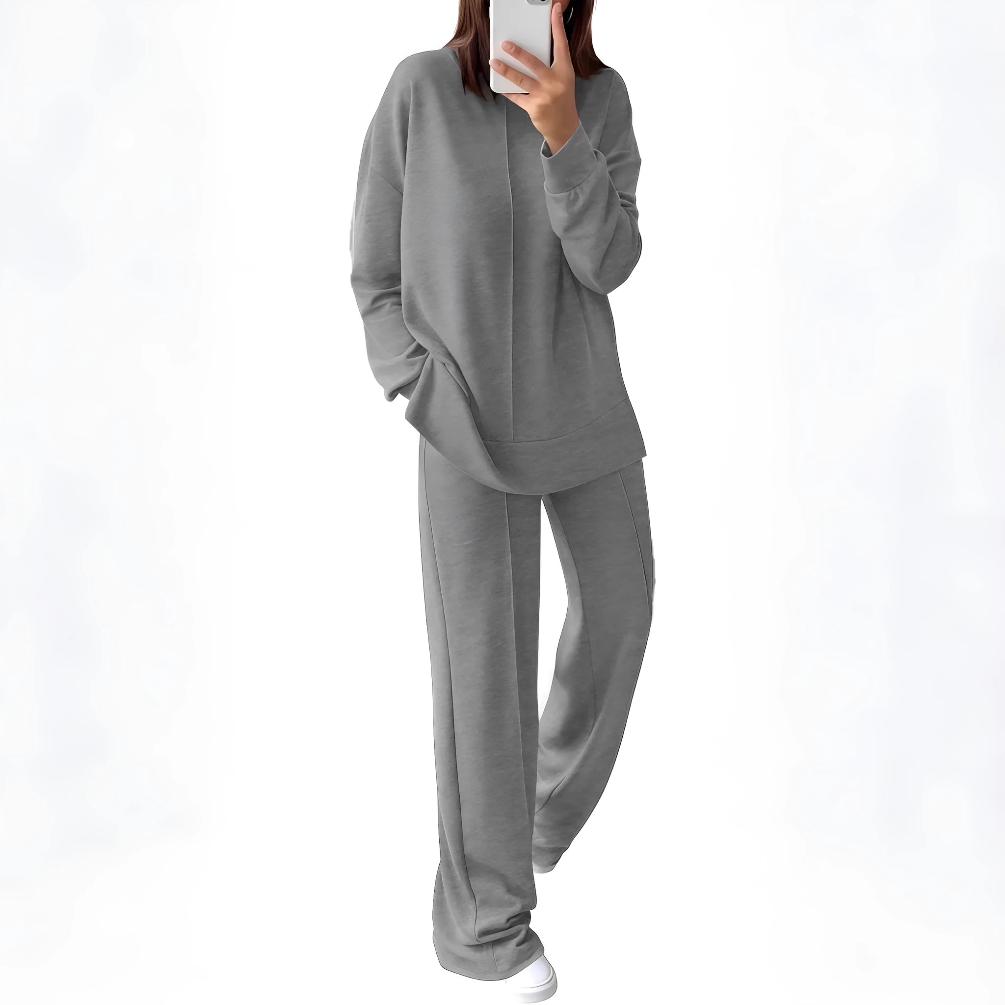 Women's army green long-sleeve polyester jogging suit, a two-piece top and trousers set for lounge wear.