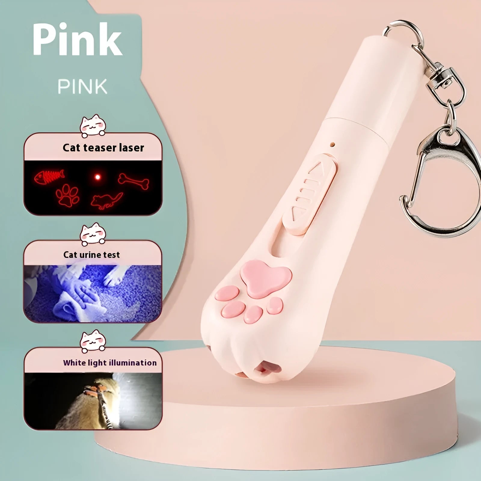 Rechargeable cat teaser toy with a light, shown in pink, cream, and sky blue colour options.