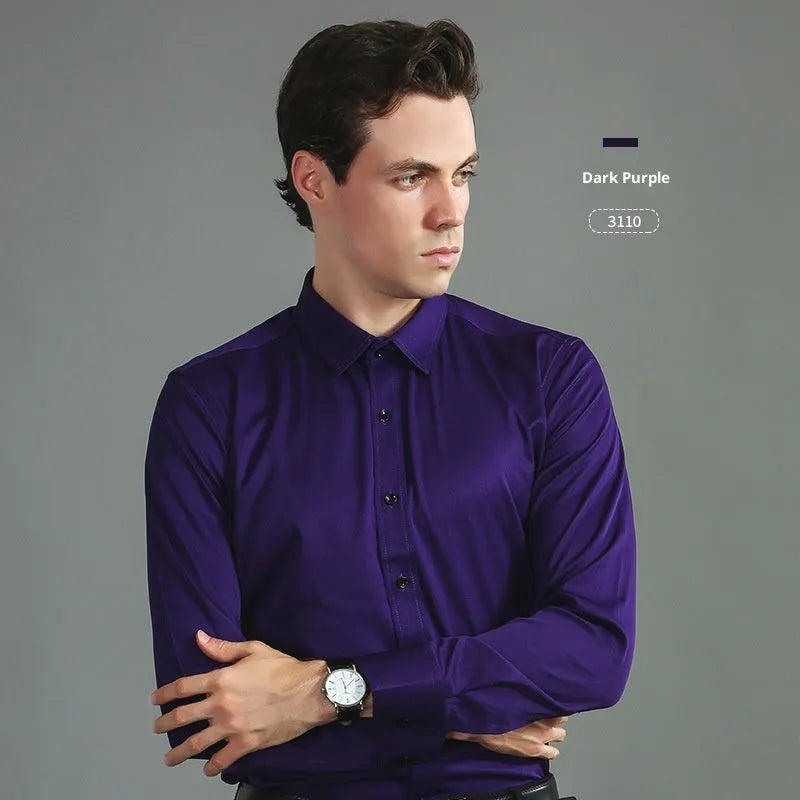 Casual four-way stretch long sleeve shirt in solid colour, slim fit cardigan style for weddings and business, polyester fibre blend
