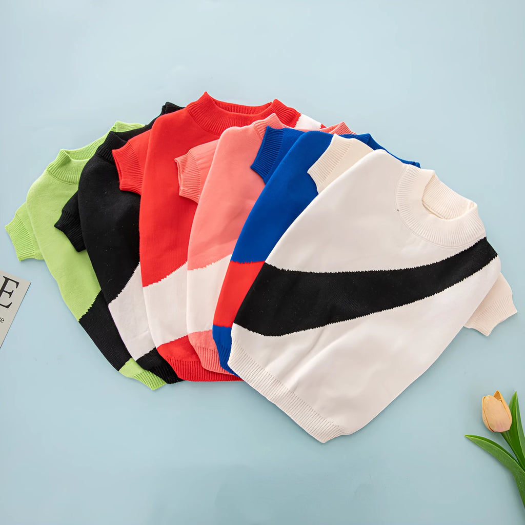 Wool dog sweater for corgis and poodles available in six colours including black, orange red, pink, milky white, light green, and sapphire blue