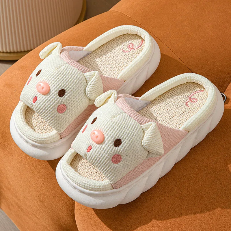 Piggy Cute Couple open-toe linen slippers in various colours, showing sewn PVC sole.