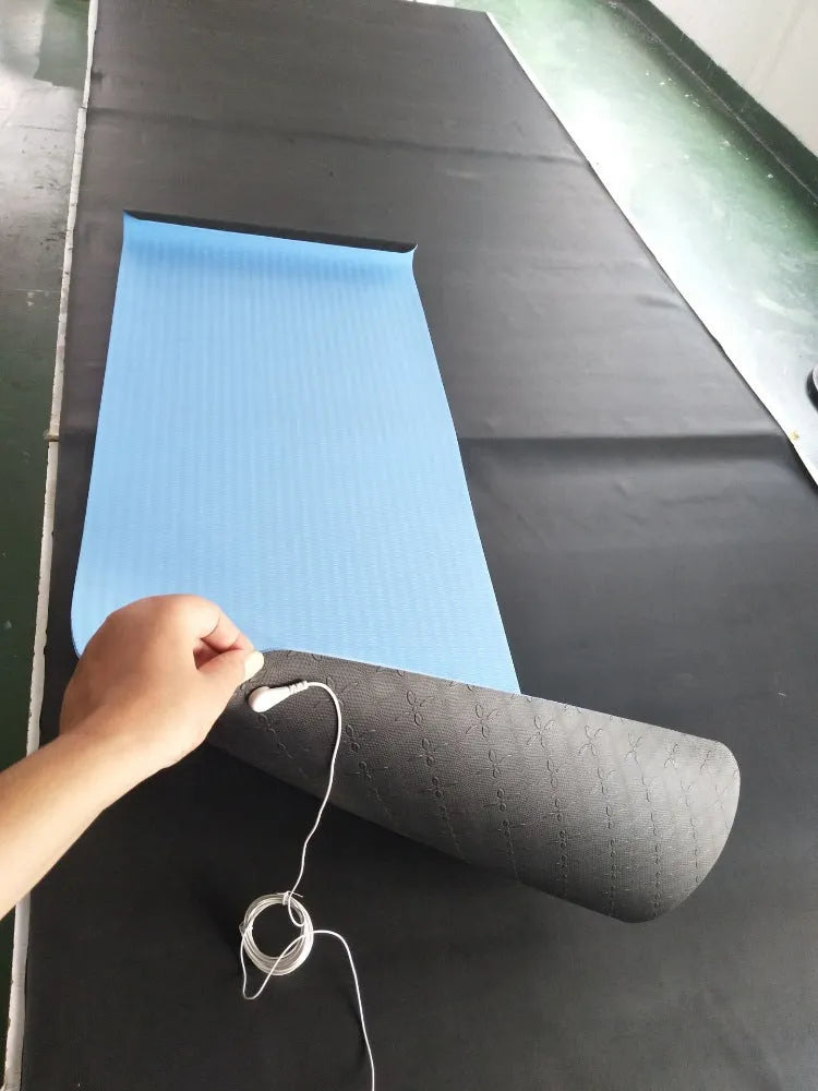 Blue conductive grounding yoga mat with plant and flower pattern, measuring 182x61cm with non-slip TPE surface
