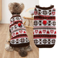 Pink knitted dog sweater with striped camouflage, snowflake, and love pattern on a small dog model.