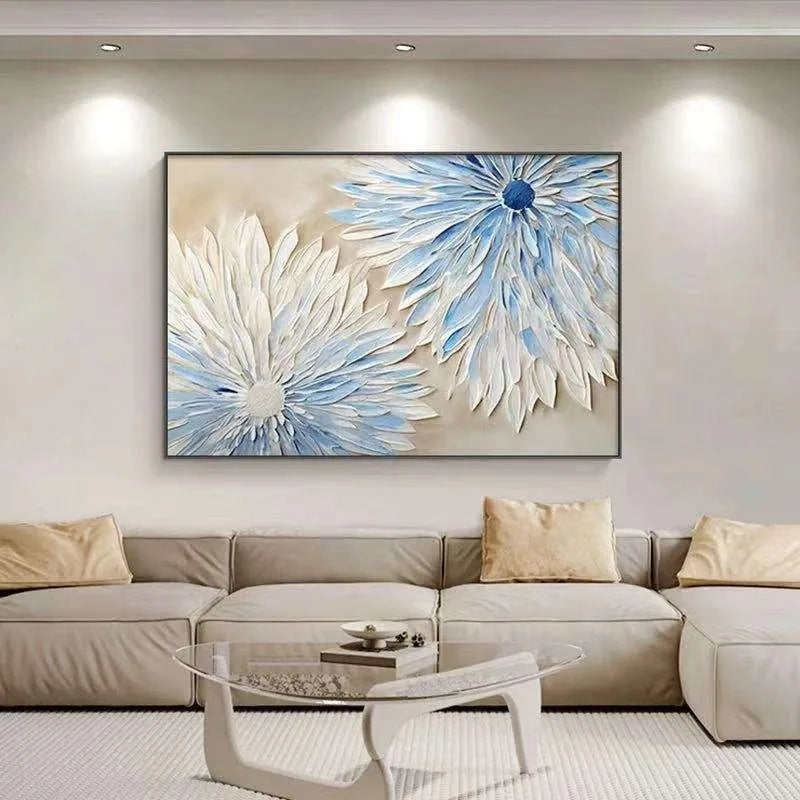 Hand painted abstract blue white flower oil painting on canvas modern textured wall art for bedroom