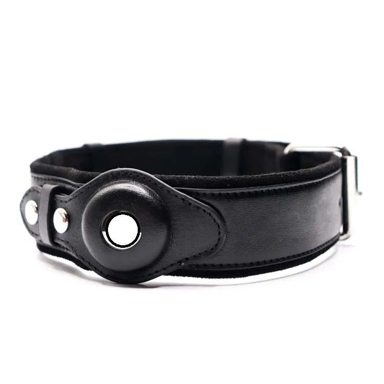 Leather dog collar with location tracker holder in army green on a light background