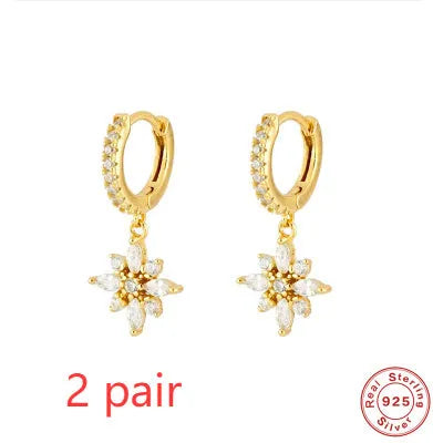 S925 sterling silver snowflake pendant earrings with diamond accents in white gold and yellow gold colour options