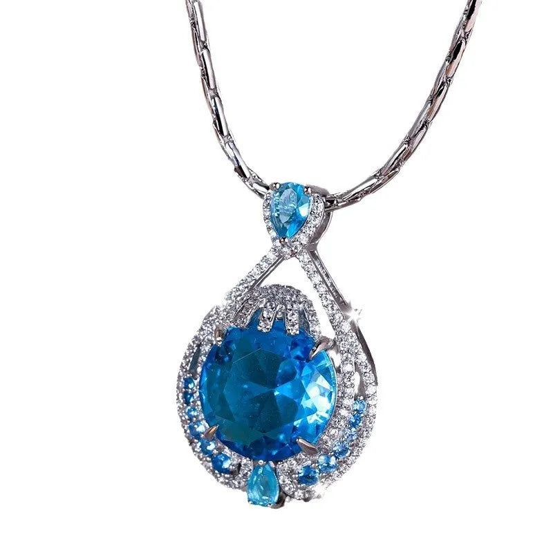 Women's geometric blue crystal necklace on water wave chain
