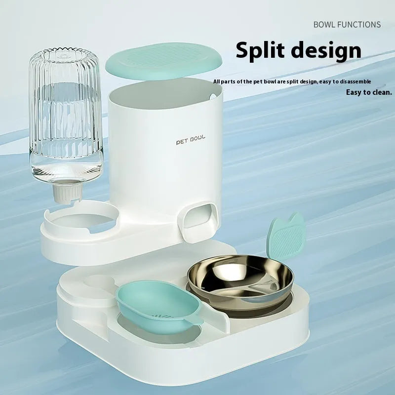 Compact cat feeding and water station with stainless steel bowl and automatic dispenser in selected colour