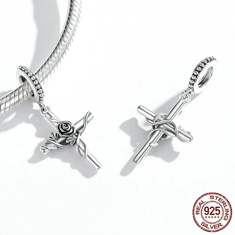 Rose cross pendant S925 silver vintage faith bead 1.3g 2.7x1.3cm electroplated