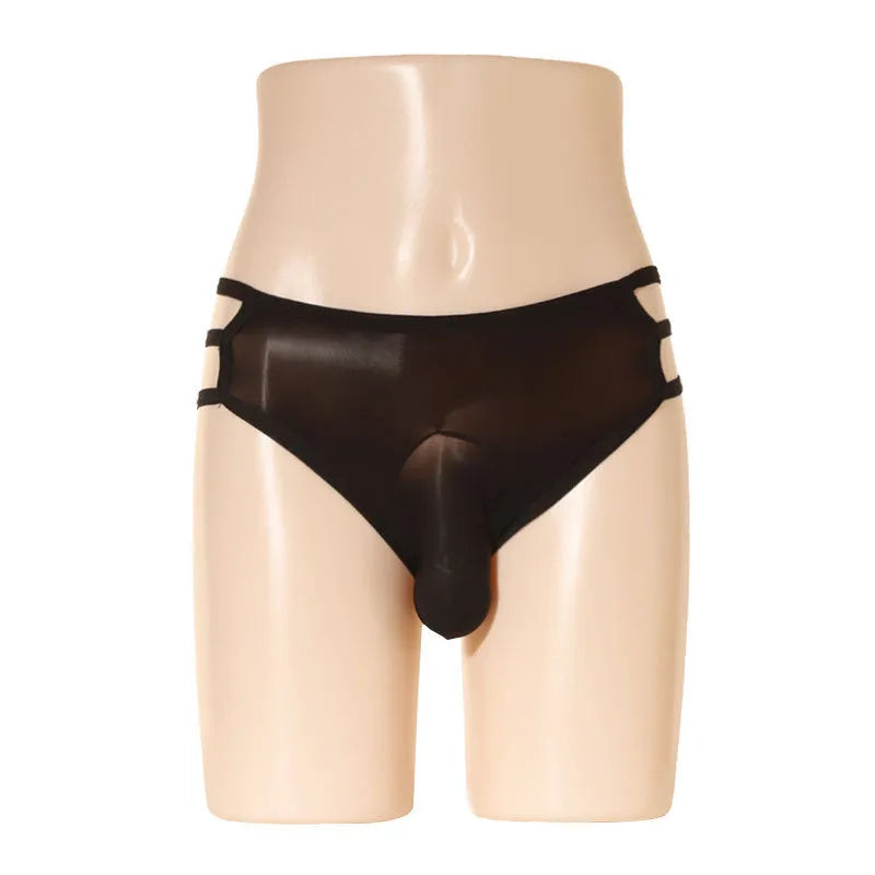 Men's transparent elephant nose shorts in nylon fabric showing mid waist design