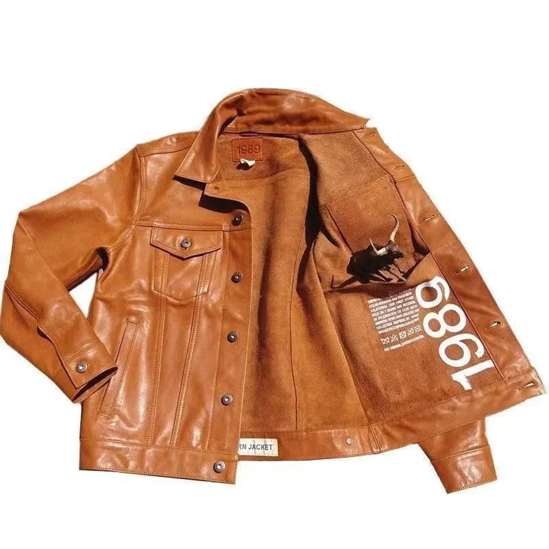 American western cowboy genuine cowhide leather jacket ultra short length black coffee colour for men