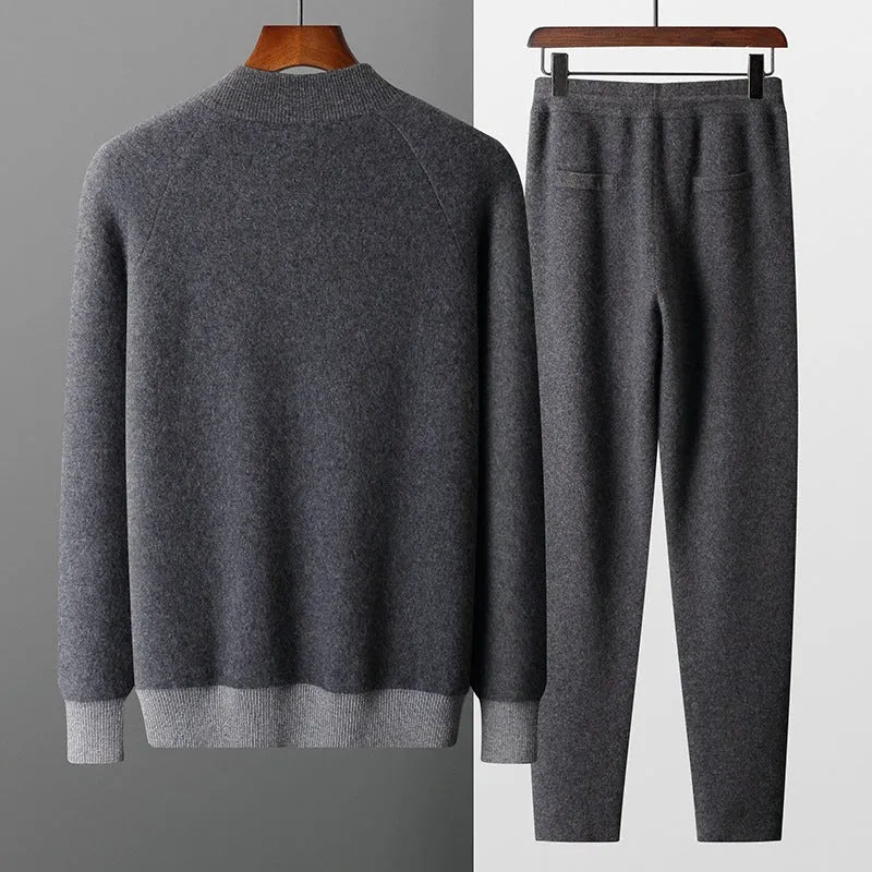 Men's navy blue cashmere blend knitted cardigan suit with half turtleneck zip top and matching trousers