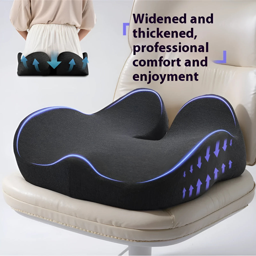 Solid colour memory foam office chair cushion in light grey on a chair.