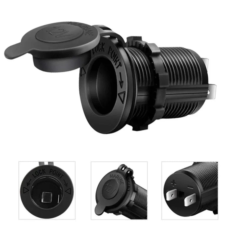 Waterproof vehicle cigarette lighter socket with 12V output and ABS construction, 2.8cm hole size