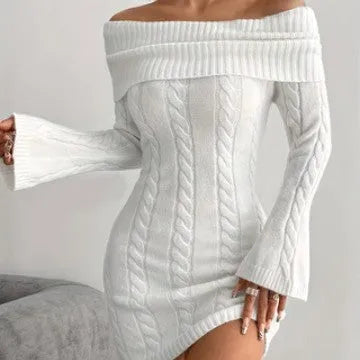 Women's loose polyester sweater dress with boat neck and flared sleeves in a casual ribbed knit finish