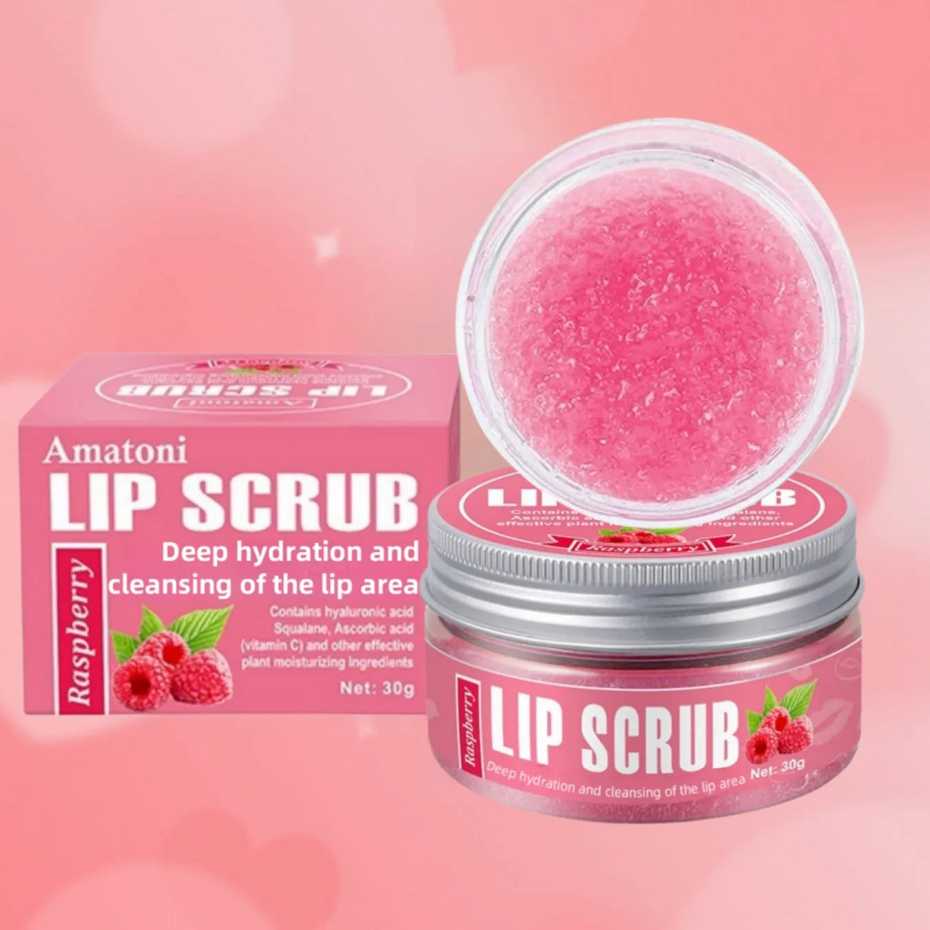 Amatoni Lip Scrub pot in four flavour options: coconut, raspberry, vanilla, and watermelon