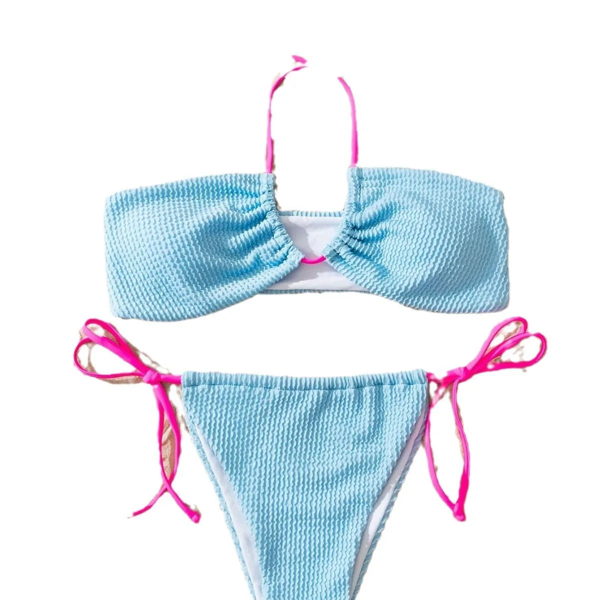 Women's two-piece halter swimsuit with lace-up back in solid colour