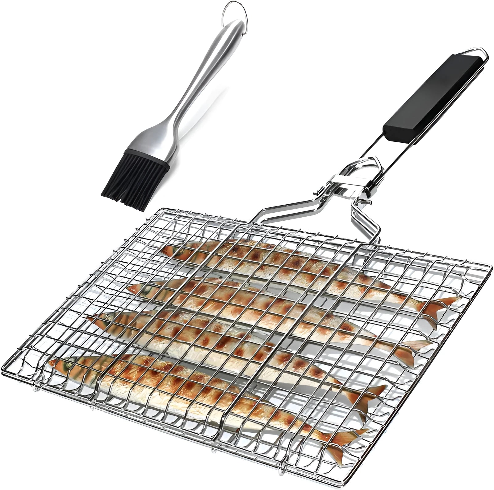 Square folding stainless steel barbecue mesh basket with a cleaning brush on a grill.