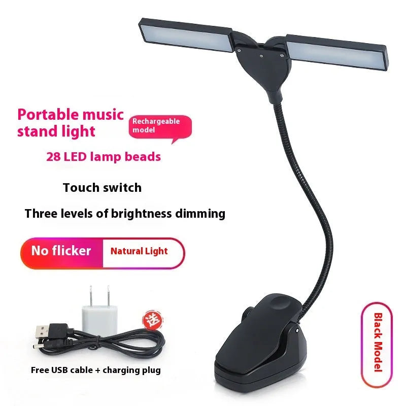 Black rechargeable music stand lamp with 28 LEDs illuminating sheet music on a stand.
