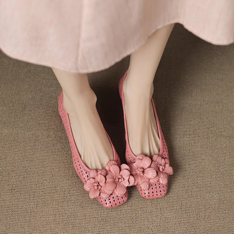Women's light brown leather pumps with hollow side design and woven detailing, mid-heel height