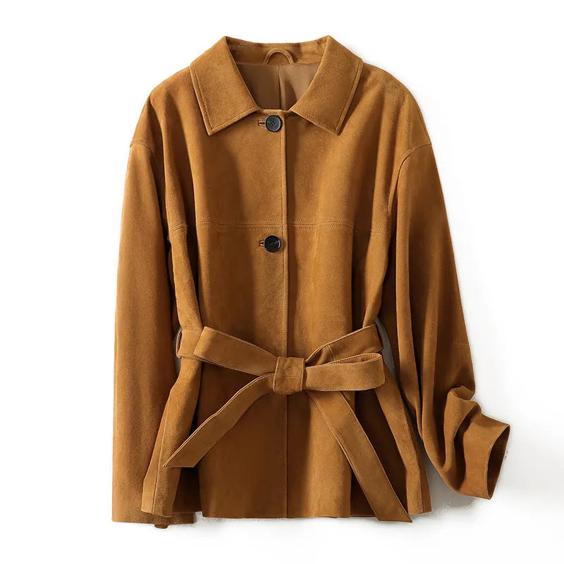 Women's Caramel Mocha cashmere coat with Peter Pan collar and leather stitching in a loose retro fit.