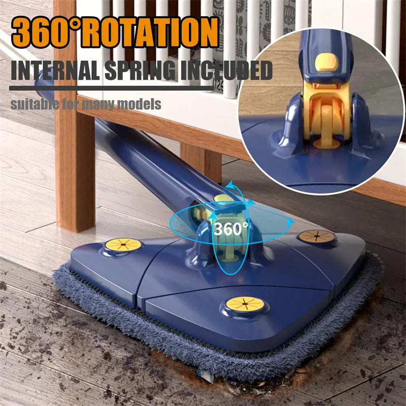 Blue extendable triangle mop with rotating head and long stainless steel pole for cleaning floors and walls