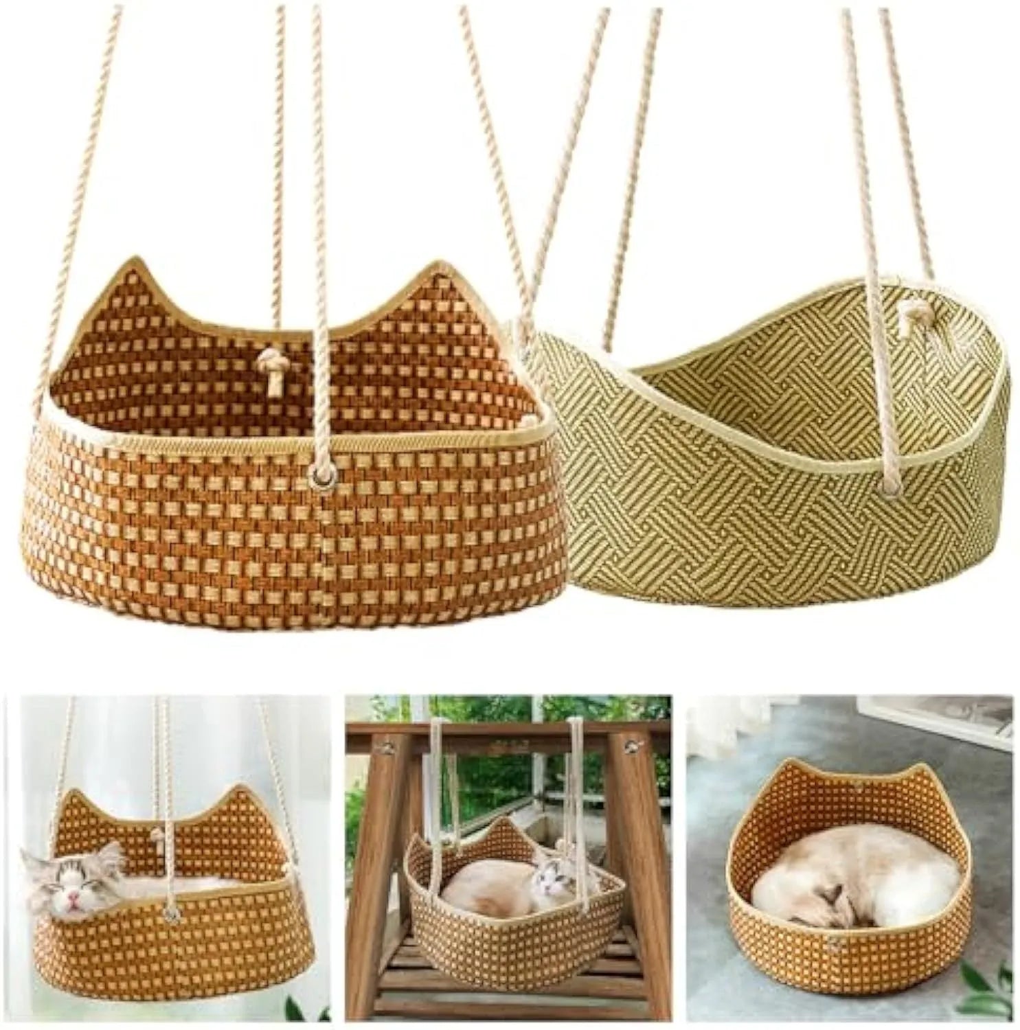 Green rattan cat hammock with cotton ropes and metal hooks, shown hanging