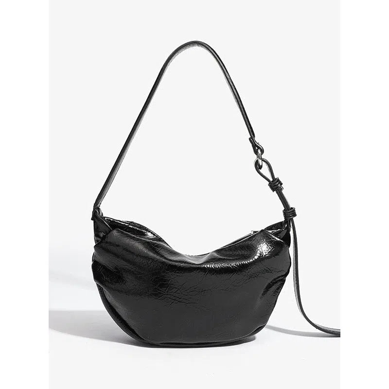 Black PU pleated shoulder bag rock-and-roll style with dumpling shape and outer pocket