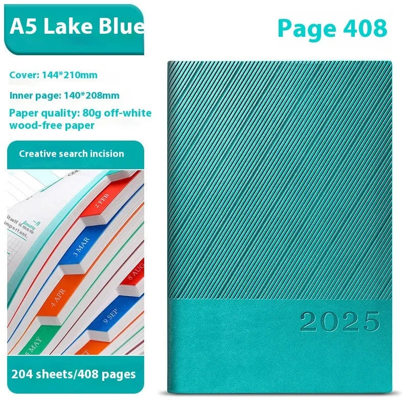A4 notepad with striped PU leather cover open to show wood-free paper, available in eight colours.