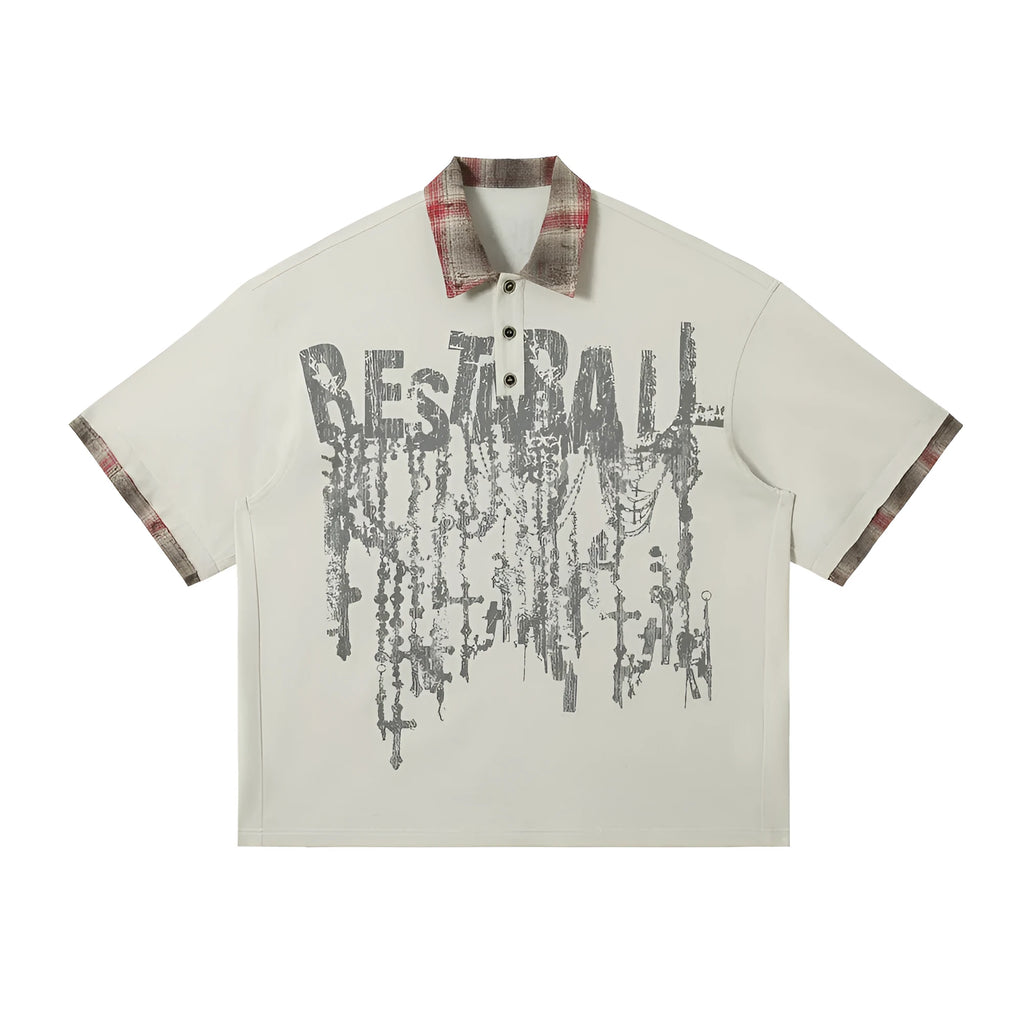 Men's loose blue short-sleeved top with asymmetric cut and graffiti print on the lapel.