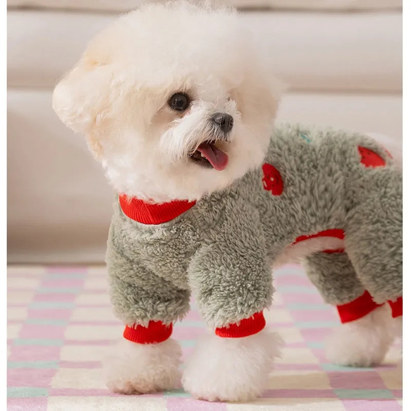 Brown fleece dog onesie with orange fruit embroidery on the back, four-legged design for small medium pets