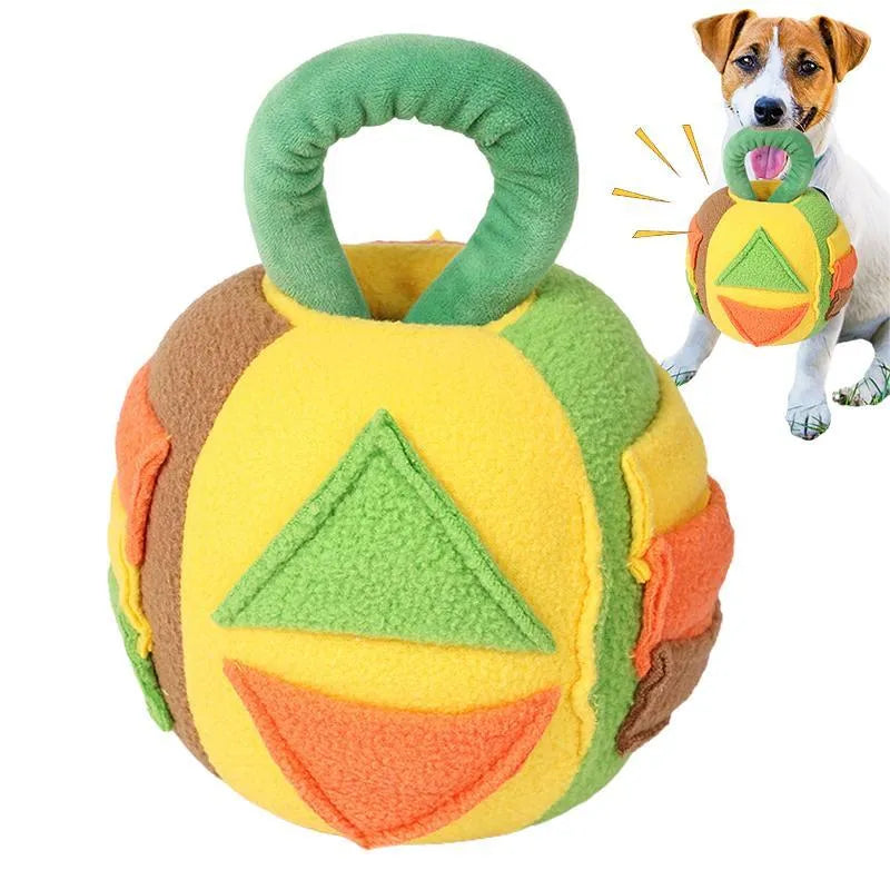 Green plush squeaky ball dog toy with treat pockets for interactive play with small to medium dogs