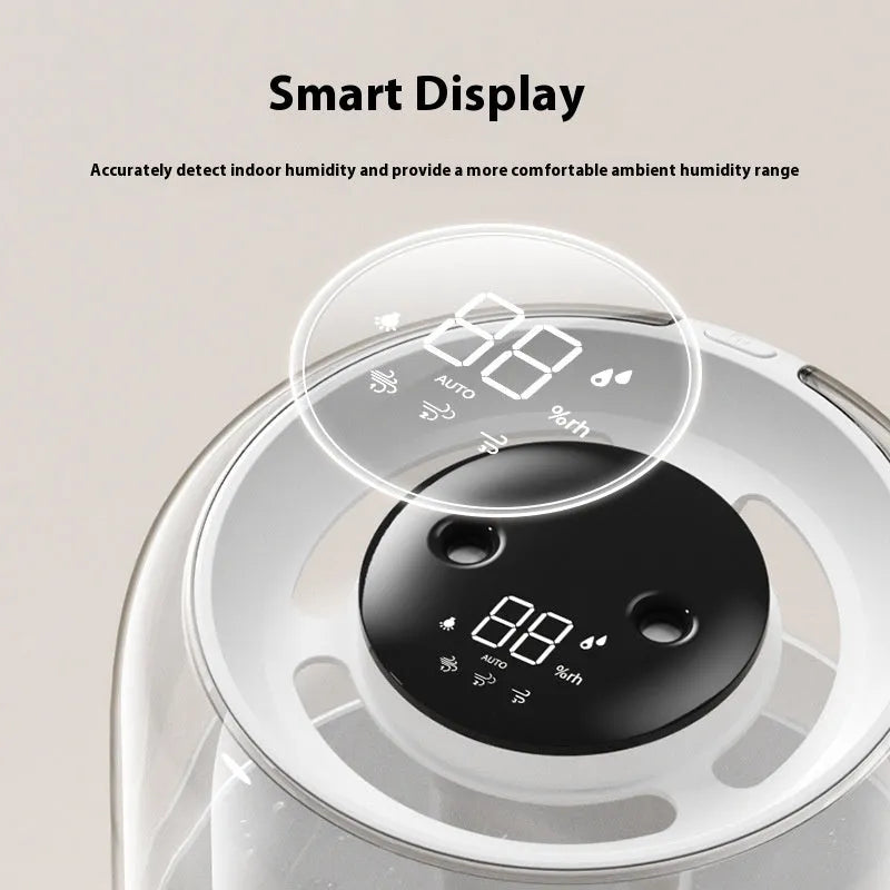Beige round USB-powered humidifier with dual spray nozzles, display, and night light on a surface.
