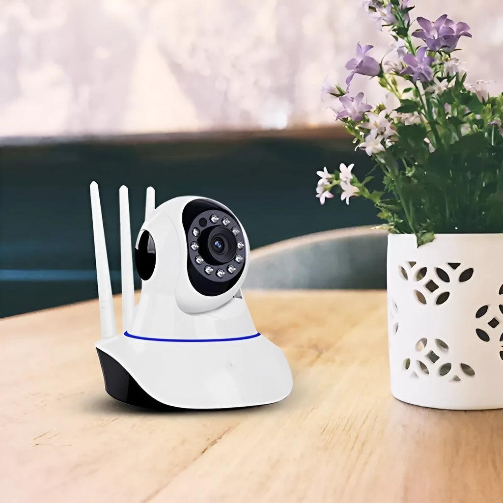 White dome-shaped wireless security camera for indoor and outdoor HD surveillance.