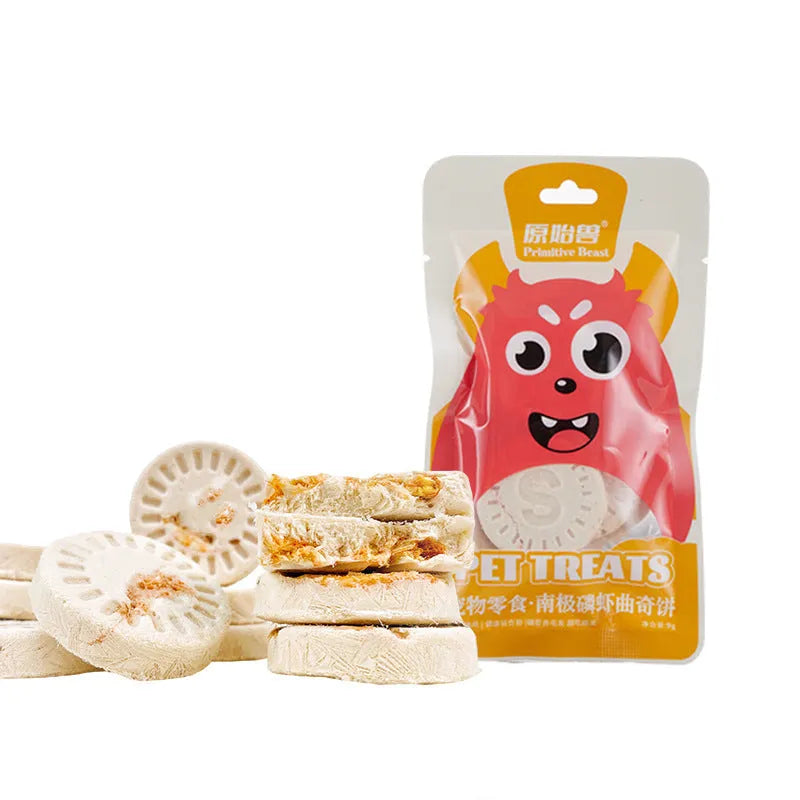 Freeze-dried pet snacks in seven flavours including chicken, salmon, and egg yolk, packaged in foil pouches