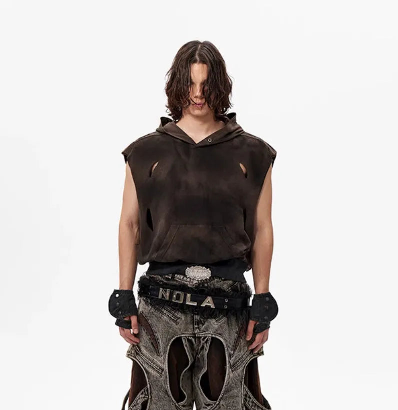 Khaki coloured cotton short-sleeve hood vest on a hanger