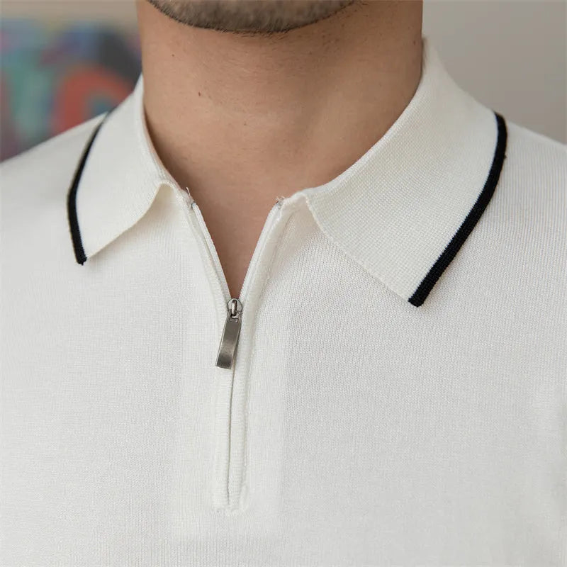 Men's slim fit knitted polo shirt, short sleeve, retro washed finish, white royal blue coffee, sizes M-4XL