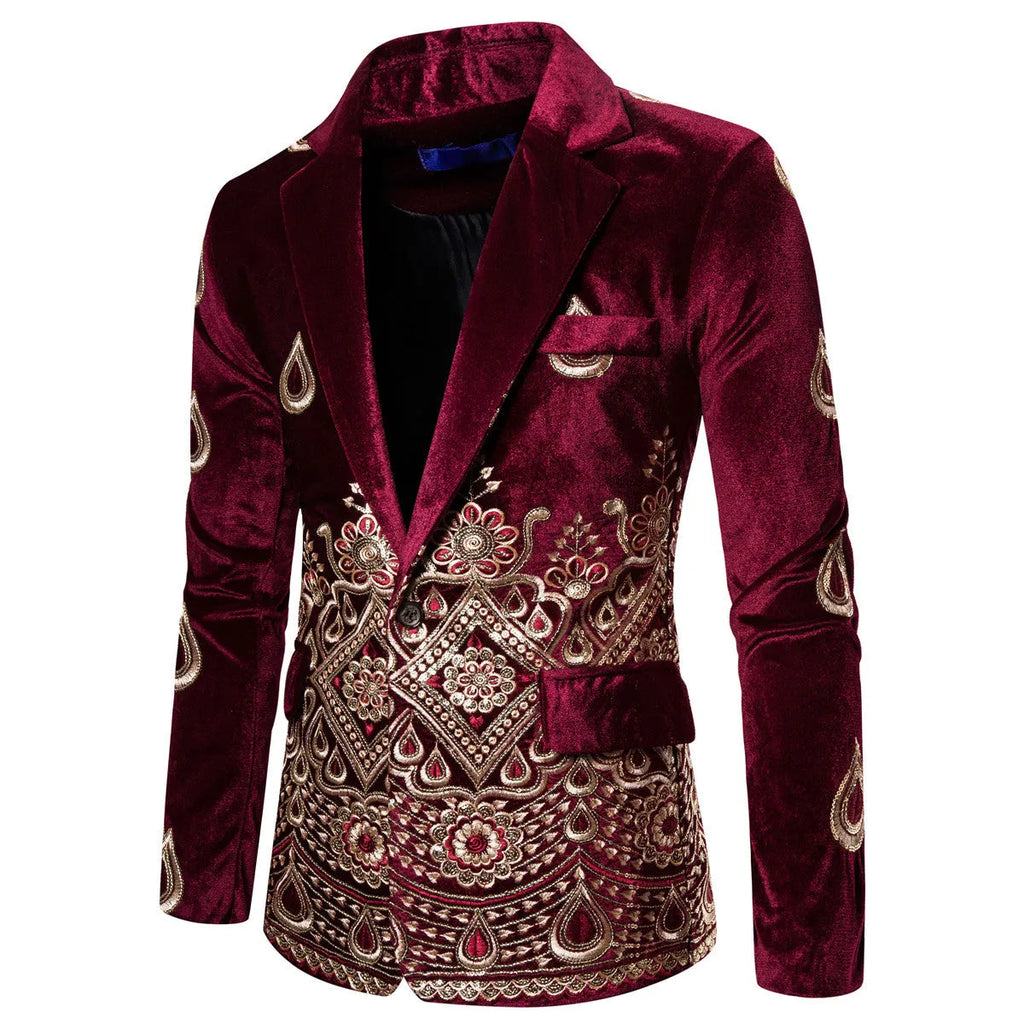 Men's corduroy single-breasted suit jacket with plaid pattern, slim fit, long sleeves, round hem, in black, wine red, or navy blue.